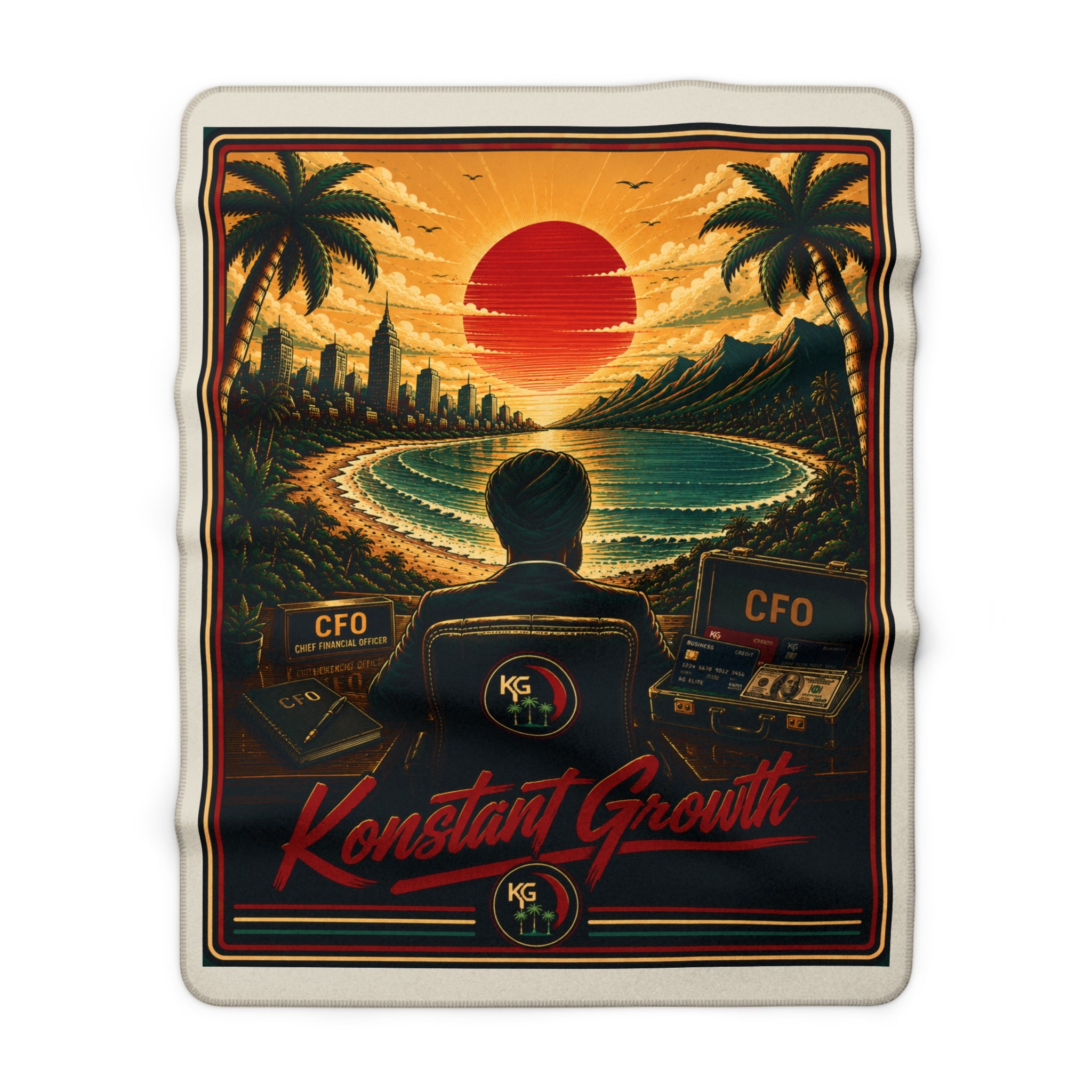 Konstant Growth Sunset Cove Sherpa Blanket | Cozy Entrepreneur Gift, Retro Coastal Business Art