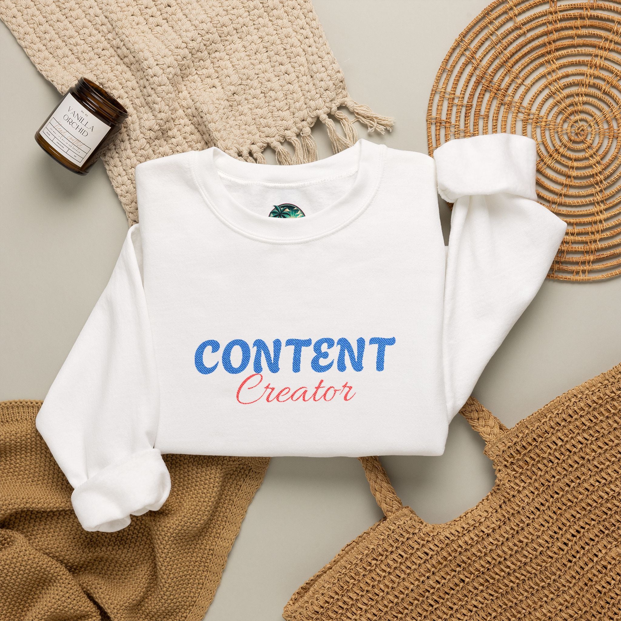 Content Creator Sweatshirt | Embroidered Script Logo, White Crewneck