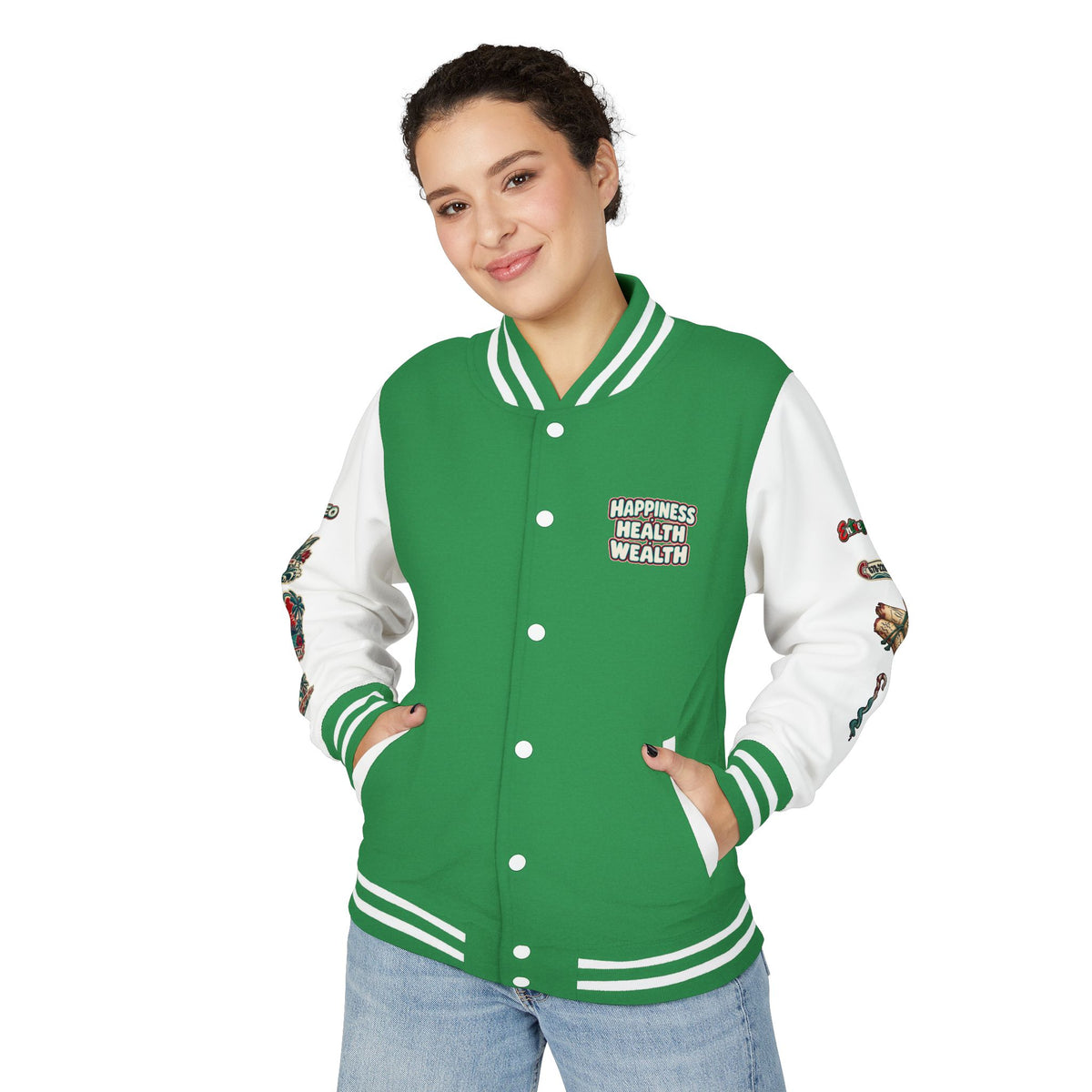 Letterman Jacket — "Konstant Growth" Palm Graphic with "Happiness Health Wealth" Chest Patch