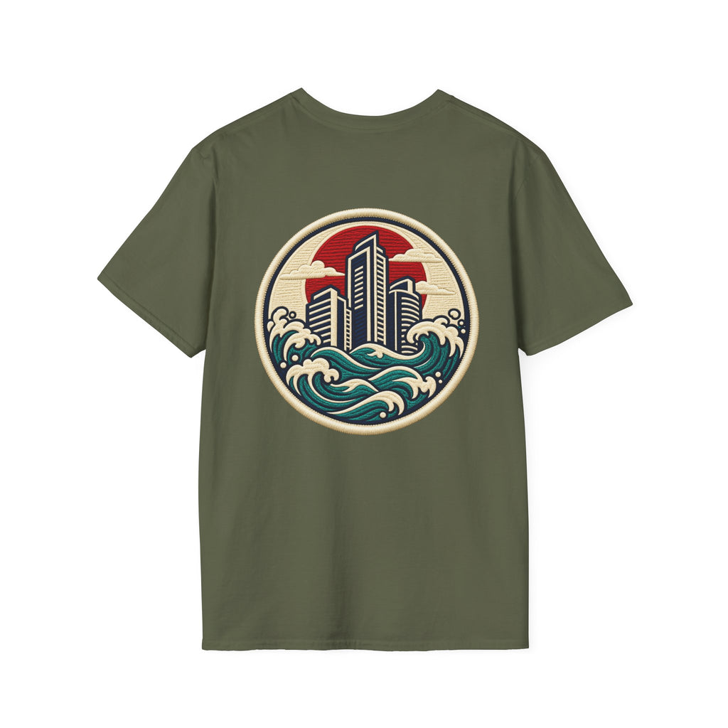 Build City Tee — Retro ‘BUILD’ Graphic T-Shirt with Coastal Cityscape Back Print