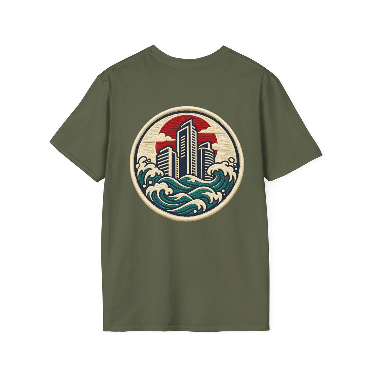 Build City Tee — Retro ‘BUILD’ Graphic T-Shirt with Coastal Cityscape Back Print