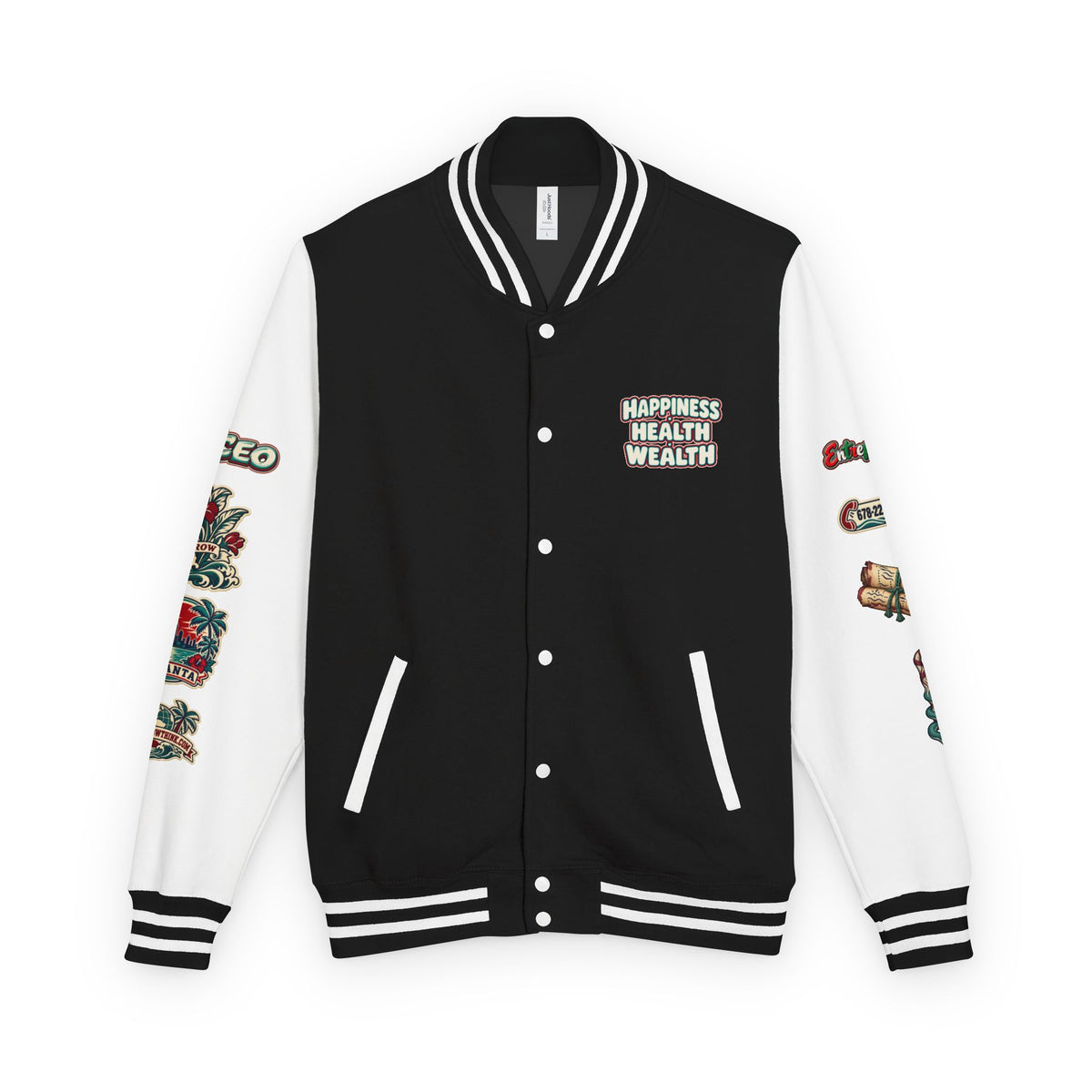 Letterman Jacket — "Konstant Growth" Palm Graphic with "Happiness Health Wealth" Chest Patch