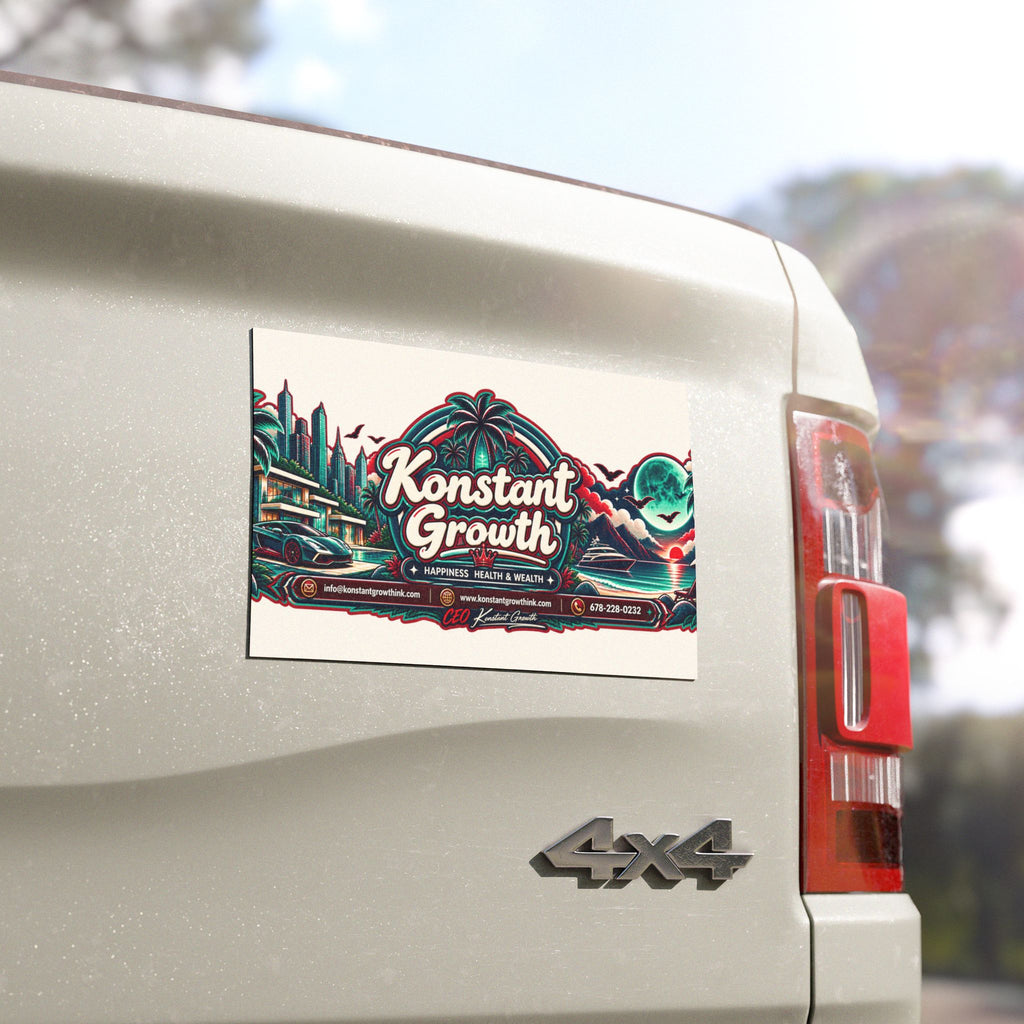 Konstant Growth logo Car Magnet | Retro neon skyline palm trees