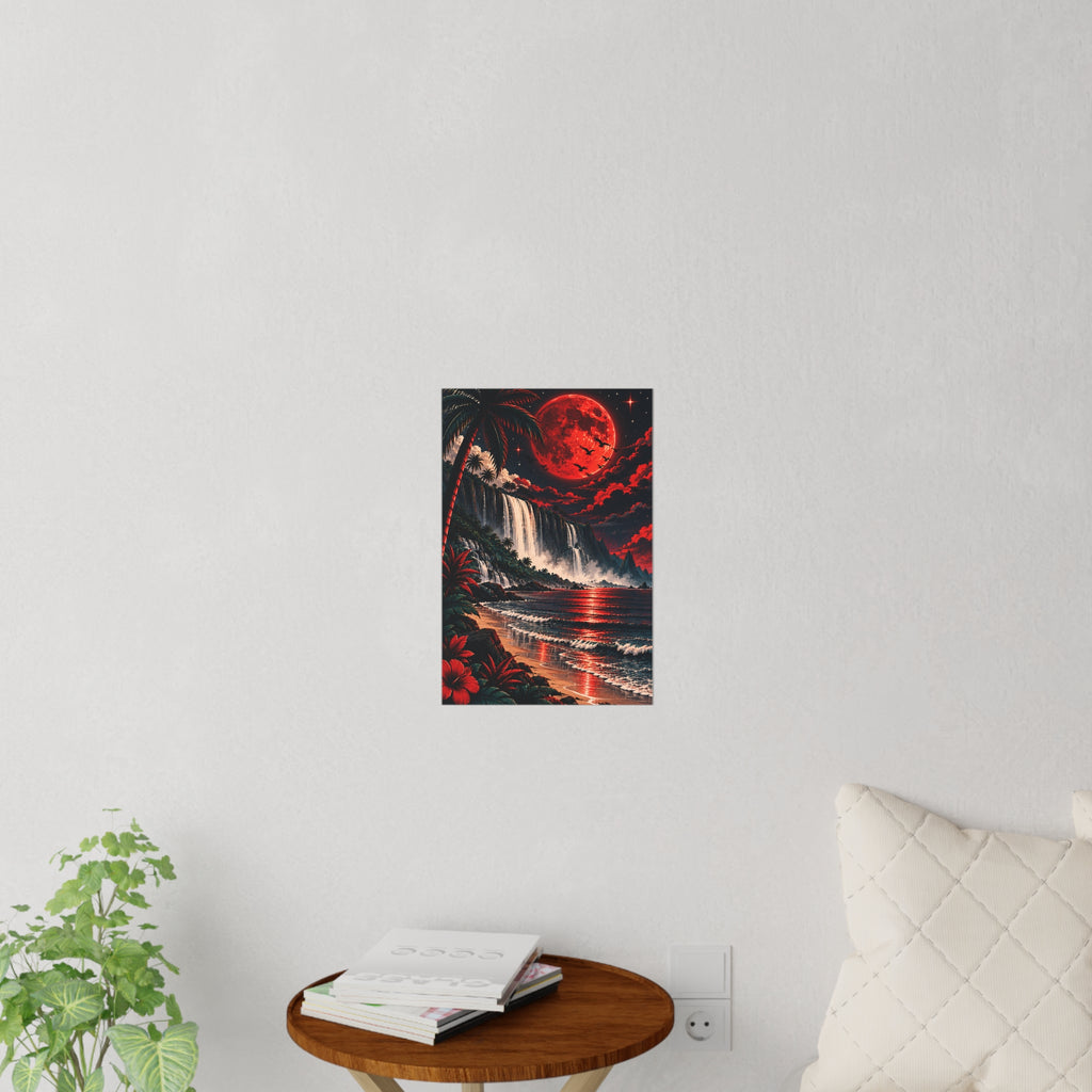 Red Moon Tropical Beach Wall Decal — Crimson Moonlit Waterfall Art