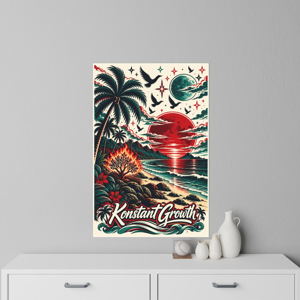 Tropical Sunset Wall Decal — 'Konstant Growth' Beach Poster Sticker