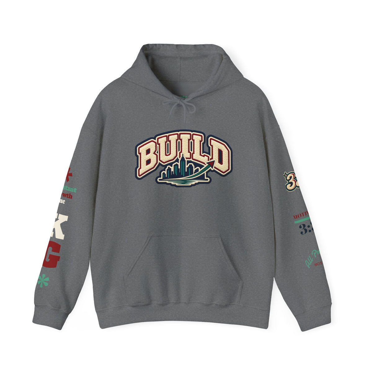 Build Cityscape Hoodie — Vintage Surf-Inspired 'BUILD' Graphic Pullover Printify