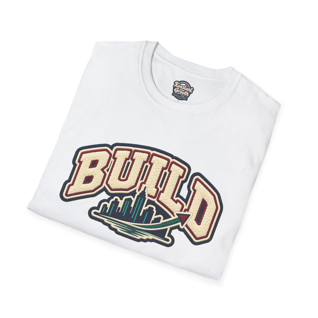 Build City Tee — Retro ‘BUILD’ Graphic T-Shirt with Coastal Cityscape Back Print