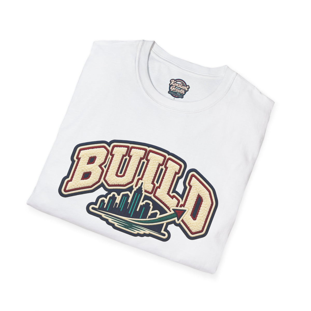 Build City Tee — Retro ‘BUILD’ Graphic T-Shirt with Coastal Cityscape Back Print