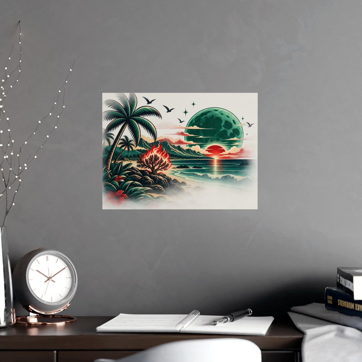 Tropical Moonrise Matte Poster — Retro Sunset Beach Art (Pre-Eclipse Red Sun, Green Moon)