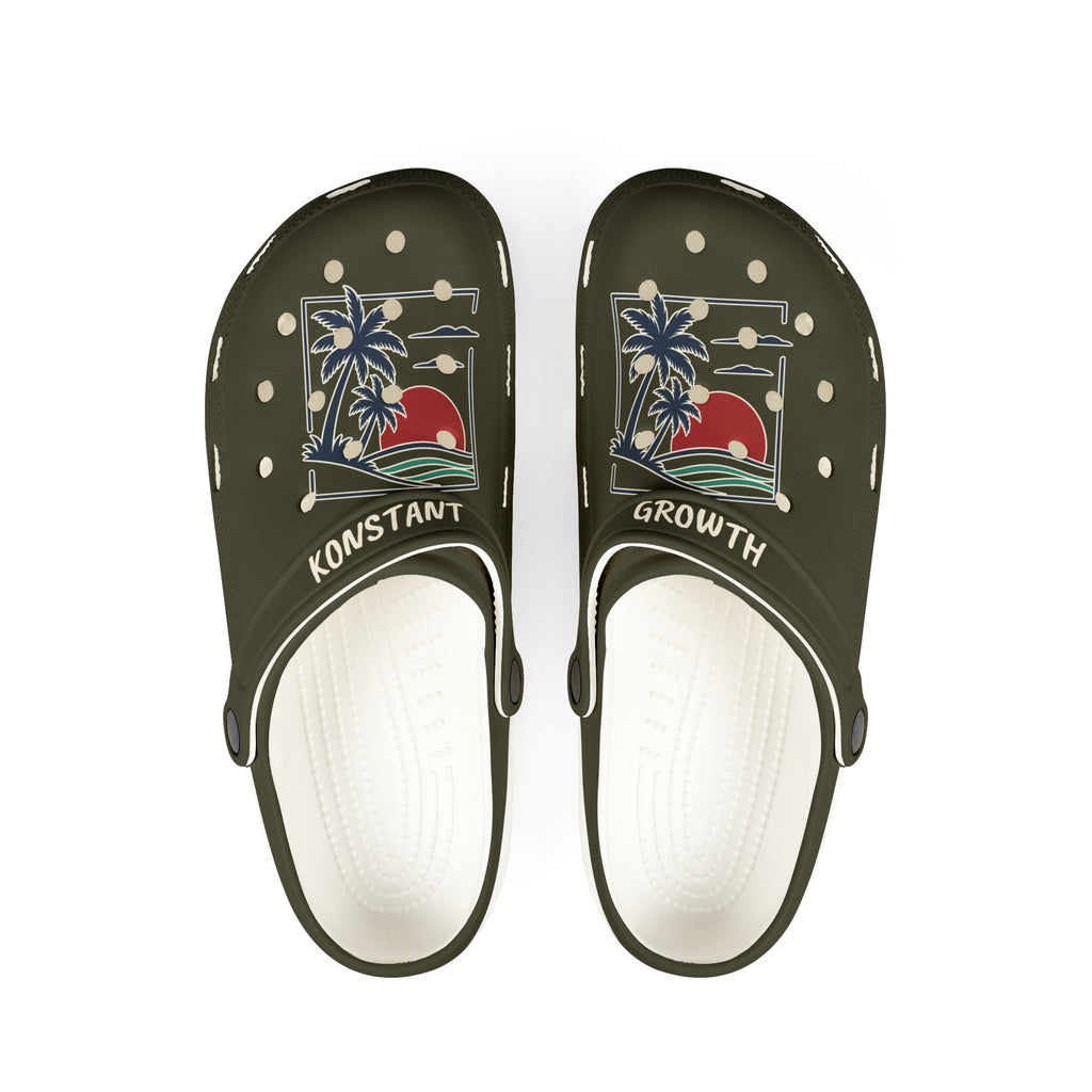 Tropical Sunset Clogs — Olive EVA Foam Garden Shoes with 'Konstant Growth' Design
