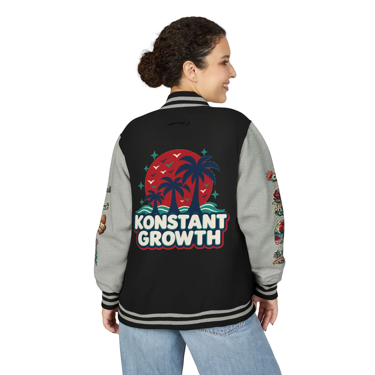 Letterman Jacket — "Konstant Growth" Palm Graphic with "Happiness Health Wealth" Chest Patch