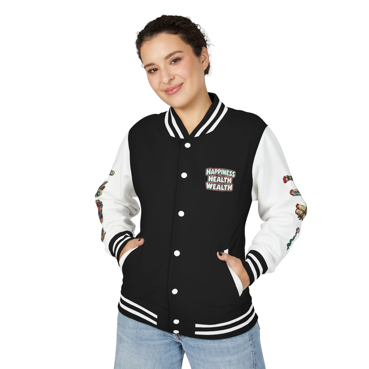 Letterman Jacket — "Konstant Growth" Palm Graphic with "Happiness Health Wealth" Chest Patch