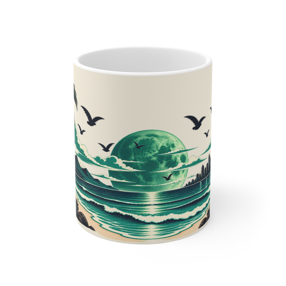 Tropical Moon Beach Mug — Retro Palm Tree Ocean Scene 11oz