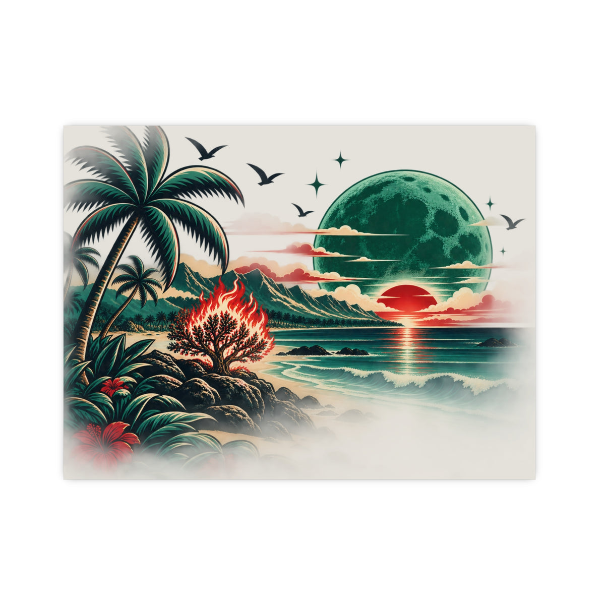 Tropical Moonrise Matte Poster — Retro Sunset Beach Art (Pre-Eclipse Red Sun, Green Moon) Printify