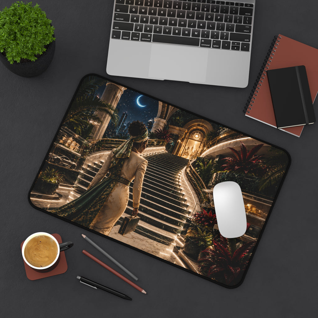 Regal Staircase at Night Desk Mat | Luxury Mansion CEO Office Decor, Motivational Workspace Art