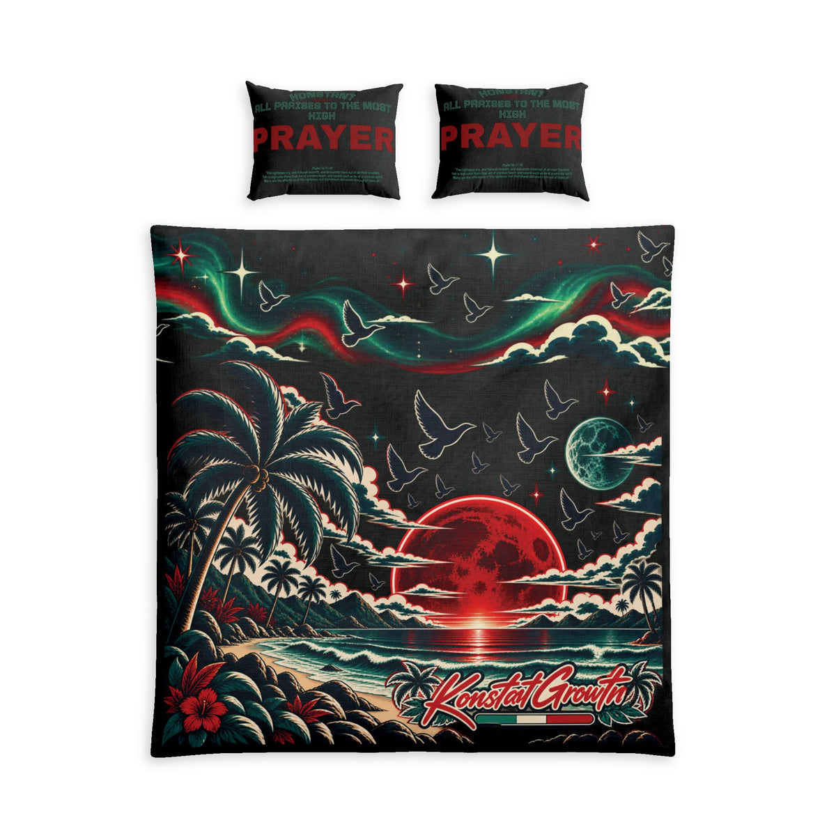 Tropical Night Cotton Bed Set — Retro Sunset Beach Duvet with PRAYER Pillowcases Printify