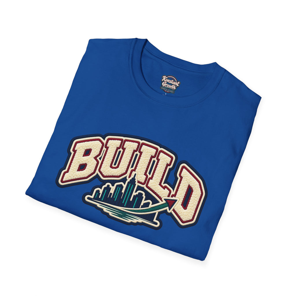 Build City Tee — Retro ‘BUILD’ Graphic T-Shirt with Coastal Cityscape Back Print