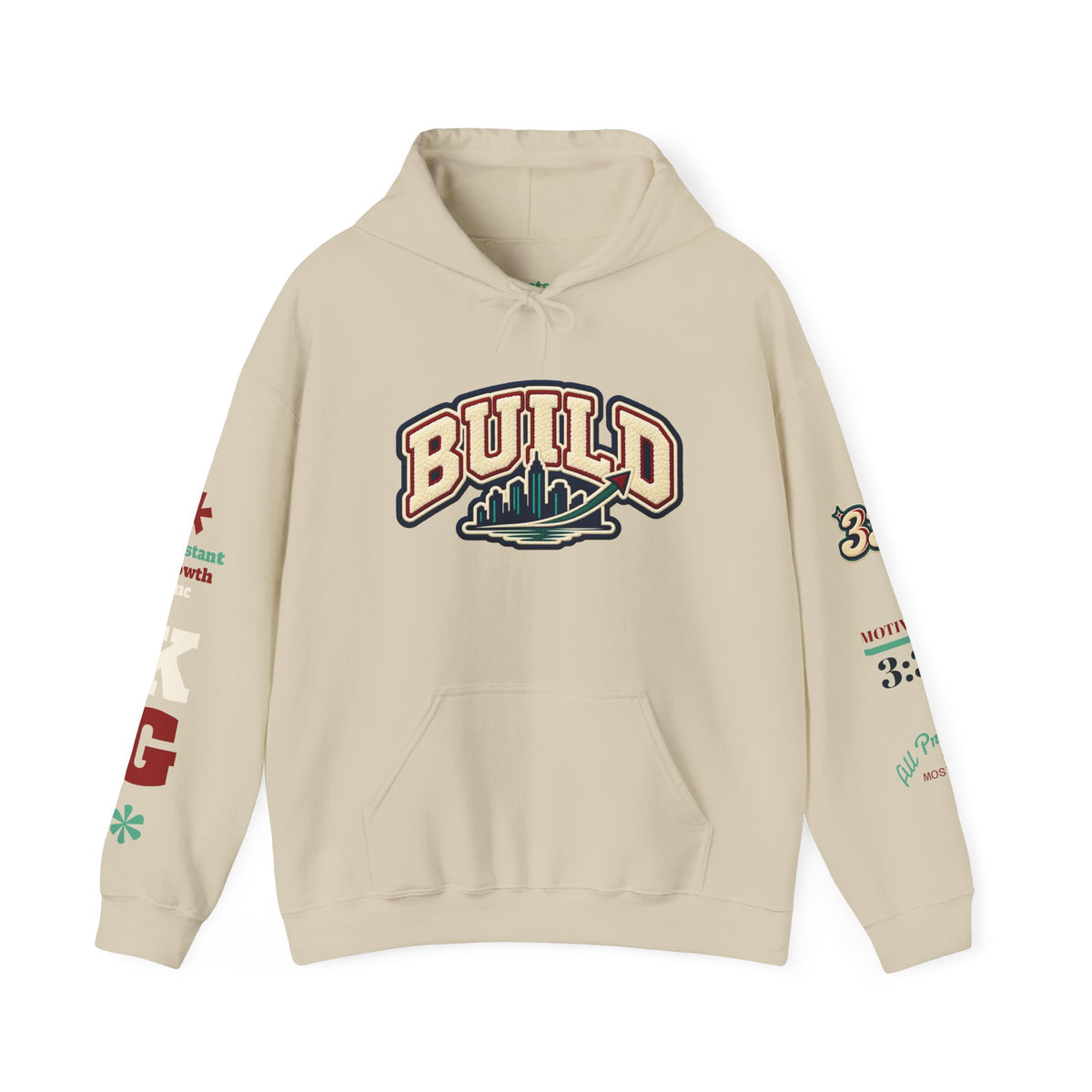 Build Cityscape Hoodie — Vintage Surf-Inspired 'BUILD' Graphic Pullover Printify