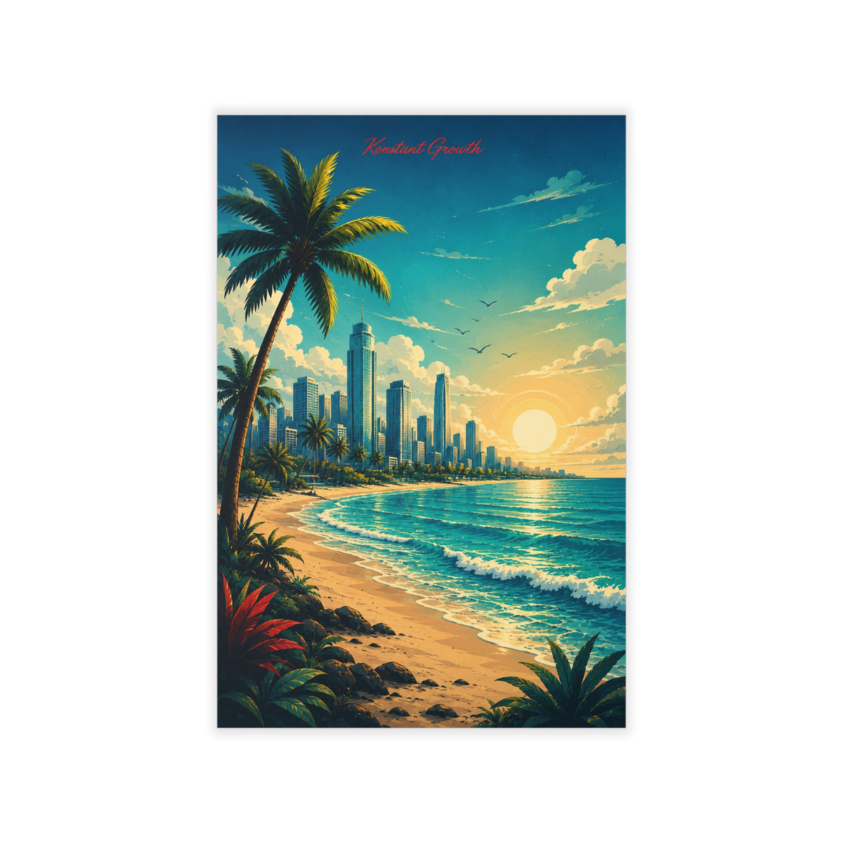 Tropical Beach Sunset Wall Decal | Palm Trees, City Skyline, Ocean Waves