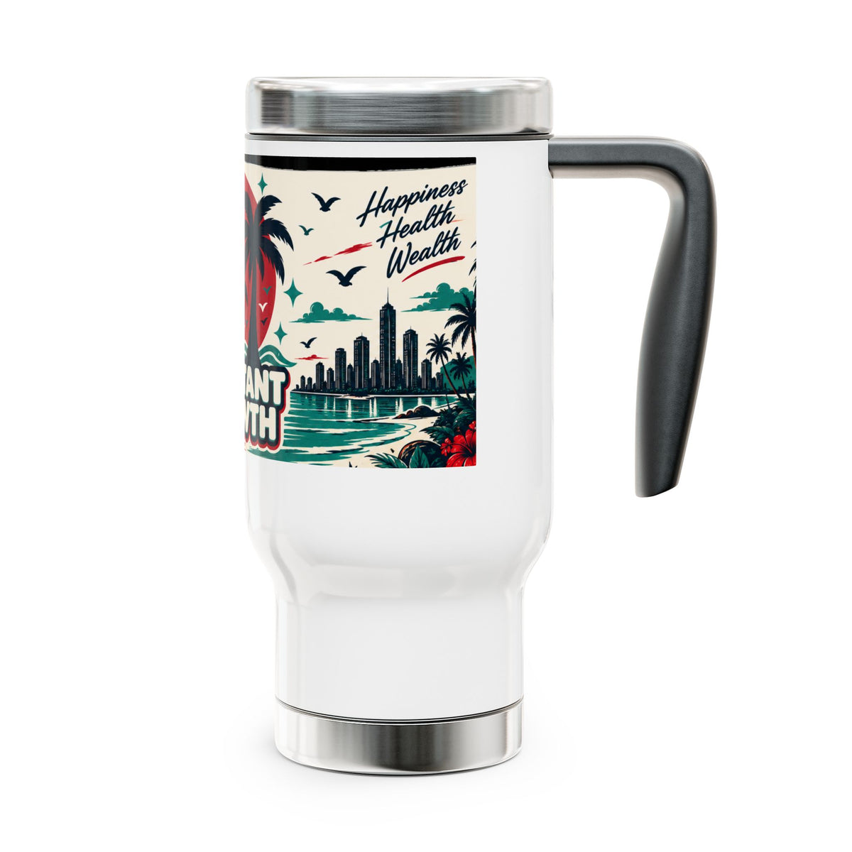 Constant Growth 14oz Stainless Steel Travel Mug with Handle — Tropical Sunset Design