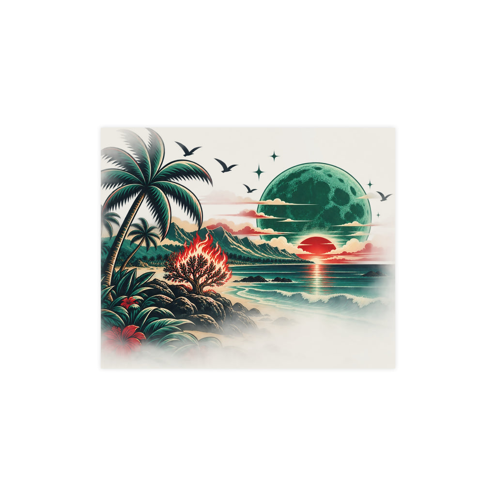 Tropical Moonrise Matte Poster — Retro Sunset Beach Art (Pre-Eclipse Red Sun, Green Moon)