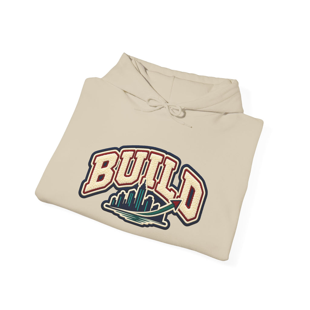 Build Cityscape Hoodie — Vintage Surf-Inspired 'BUILD' Graphic Pullover