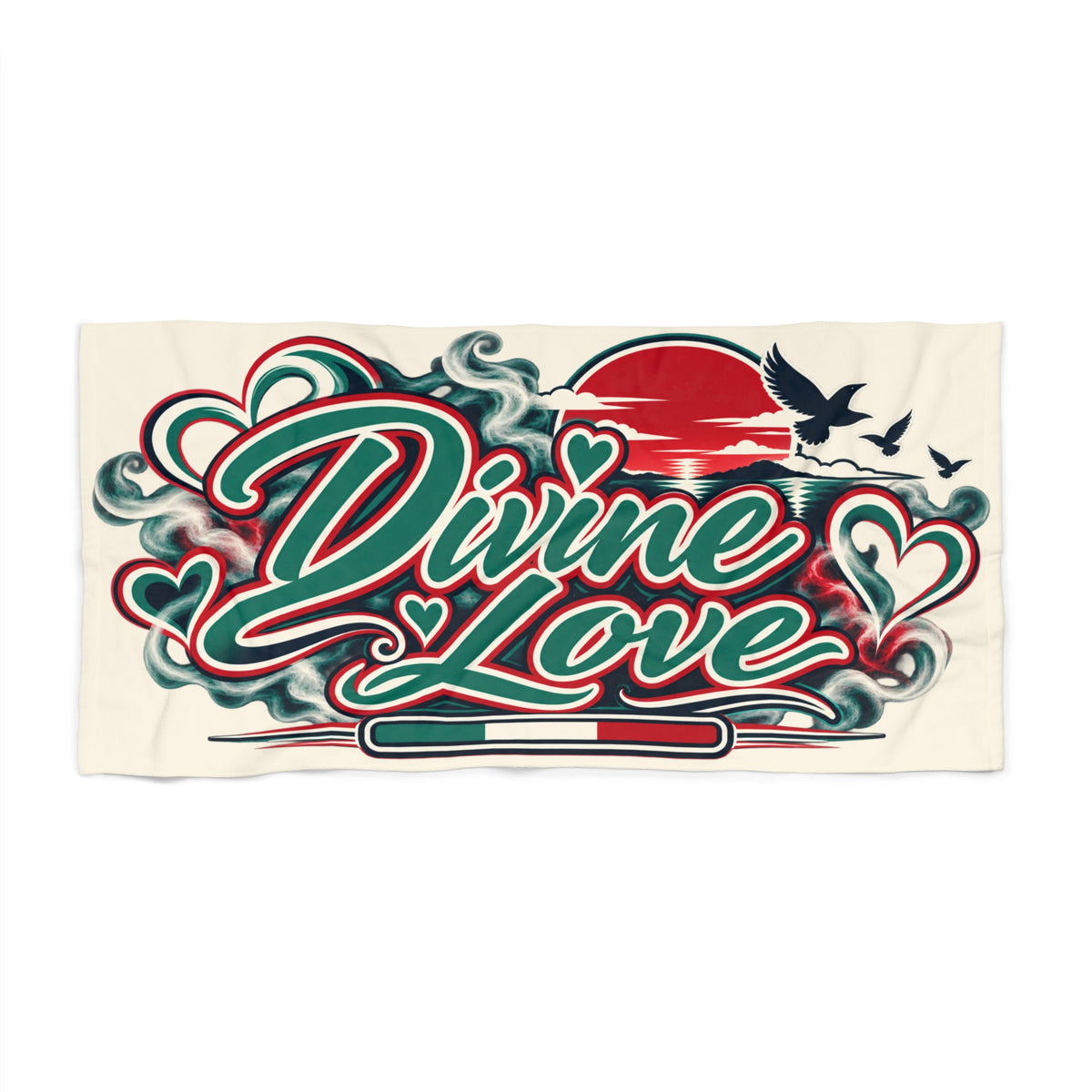 Divine Love Beach Towel — Retro Script Sunset Hearts Design