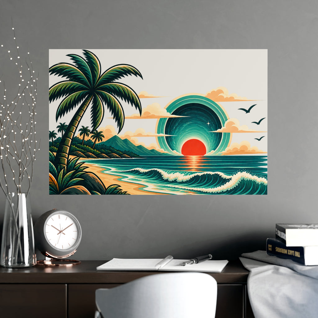 Retro Tropical Sunset Poster | Matte Wall Art, Coastal Palm Beach Print