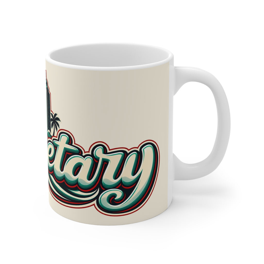 Secret City Vintage Beach Mug — Retro Palm & Skyline 11oz Coffee Cup