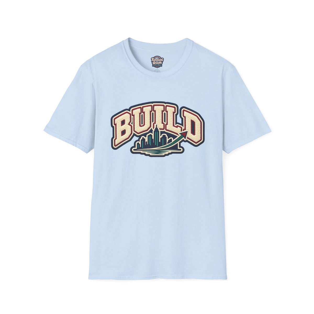 Build City Tee — Retro ‘BUILD’ Graphic T-Shirt with Coastal Cityscape Back Print Printify