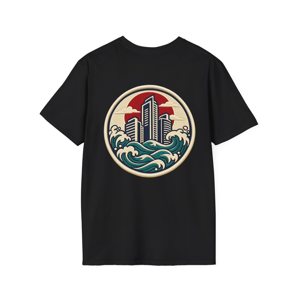 Build City Tee — Retro ‘BUILD’ Graphic T-Shirt with Coastal Cityscape Back Print