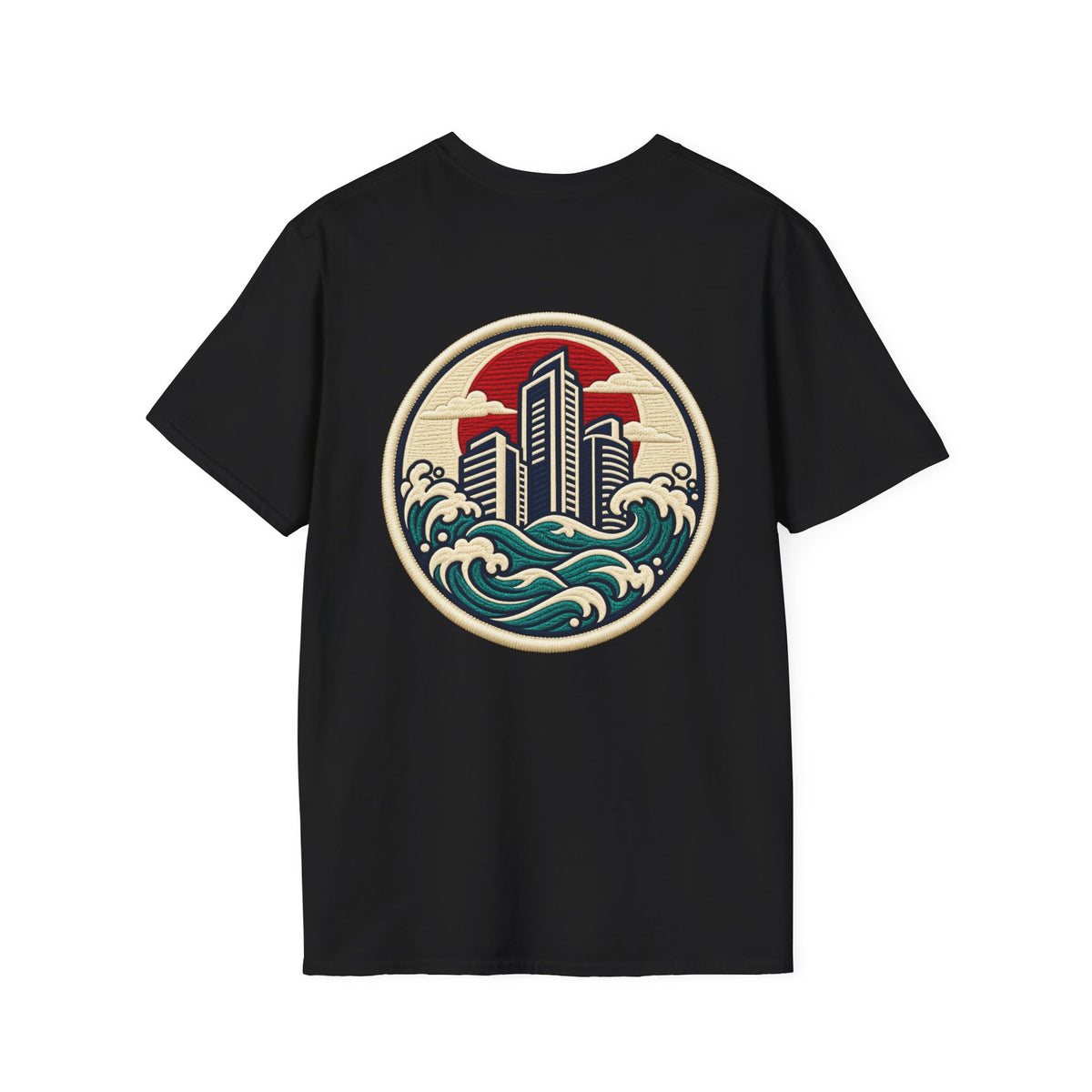 Build City Tee — Retro ‘BUILD’ Graphic T-Shirt with Coastal Cityscape Back Print